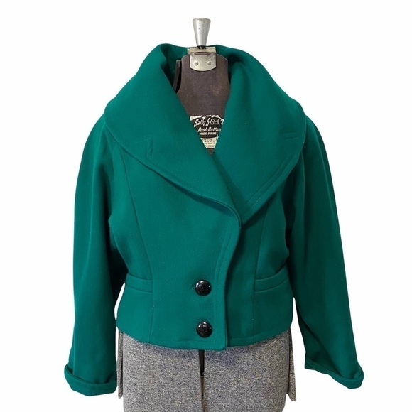 Vintage Wool Coat Emerald Green Jacket Shawl Collar Avantgarde Womens Medium - Picture 2 of 12